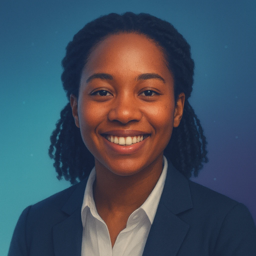 Portrait of Kai smiling in a teal gradient background